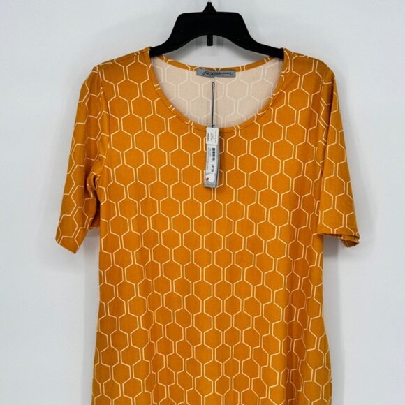 Arianna by Howards Womens Small Medium Gold Hexagon Print Short Sleeve Dress New - Picture 2 of 14